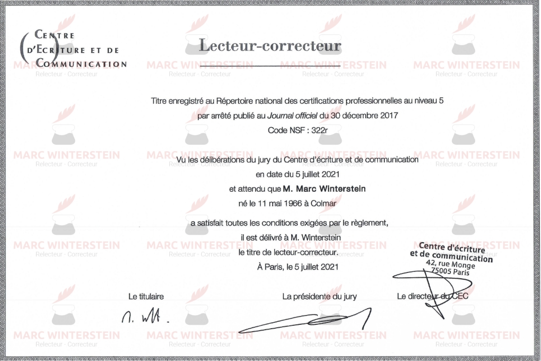 Photo du diplôme de lecteur correcteur acquis par Marc Winterstein